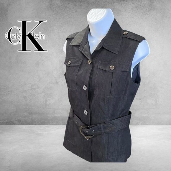 Calvin Klein Denim Stretch Belted Sleeveless Vest, Black, Gunmetal Accents, Sz.2 - Picture 11 of 12
